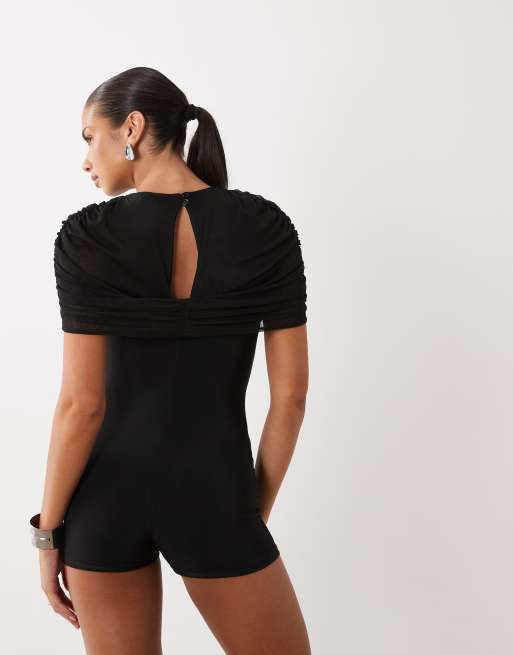 Missyempire playsuit con sovrapposizione in rete fluida nero, 4 di 4