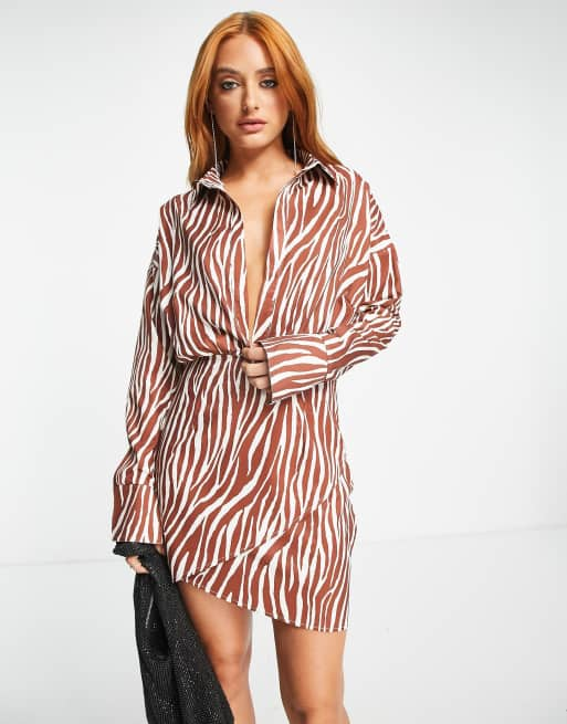 Missyempire plunge front shirt dress in brown zebra print