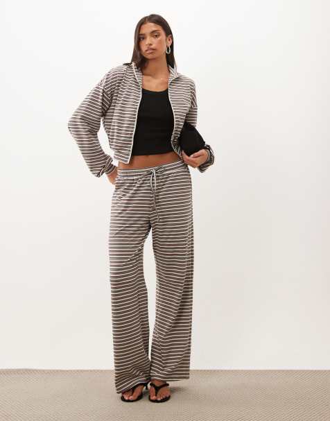 Missyempire relaxed drawstring trouser co-ord in brown & cream stripe - view 1