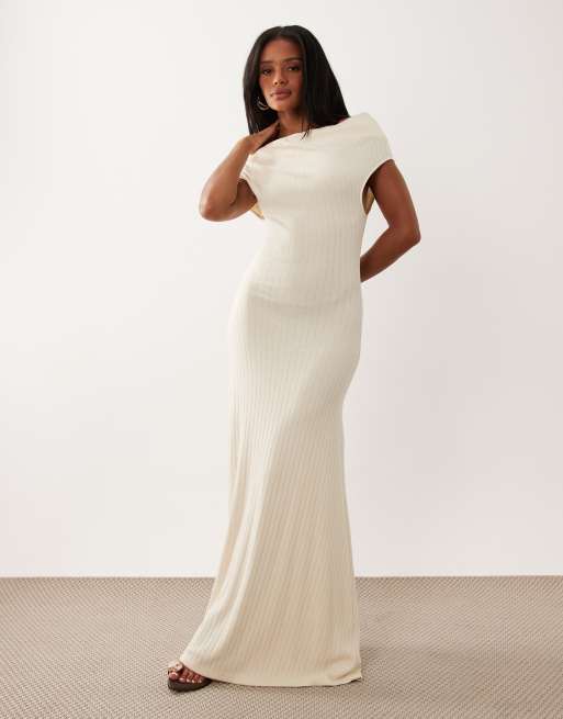 Missyempire ribbed asymmetric drape shoulder detail maxi dress in cream |  ASOS