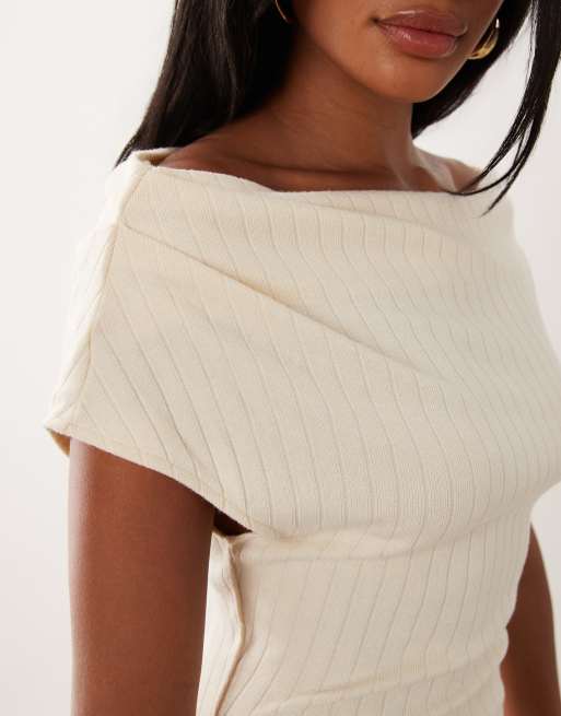 Missyempire ribbed asymmetric drape shoulder detail maxi dress in cream, 2 of 4