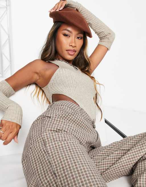 Missyempire ribbed bodysuit with detachable sleeves in taupe