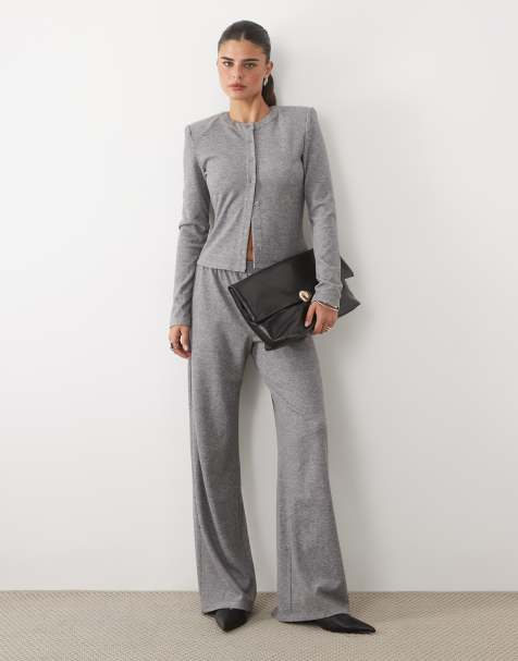 Missyempire ribbed button through shoulder pad top and wide leg trousers co-ord in grey - view 1
