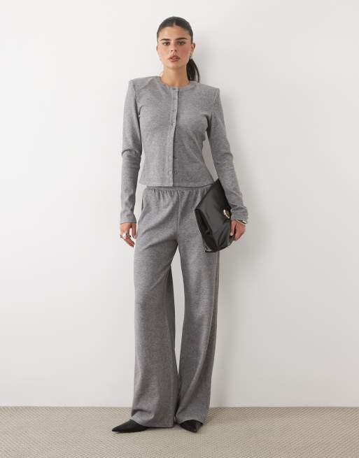 Missyempire ribbed button through shoulder pad top and wide leg pants set in grey, 3 of 3