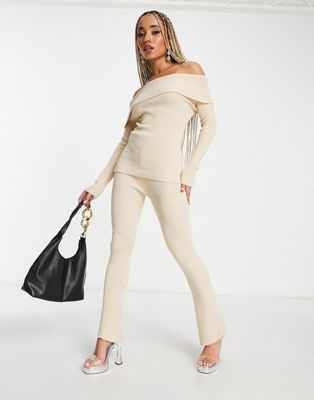 Missyempire ribbed knit flared trouser co-ord in stone