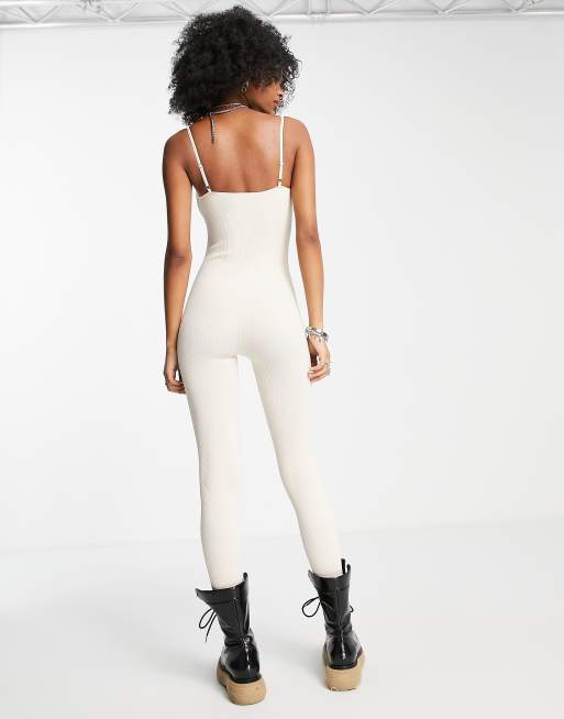 Missyempire ribbed seamless strappy jumpsuit in cream, 2 of 4