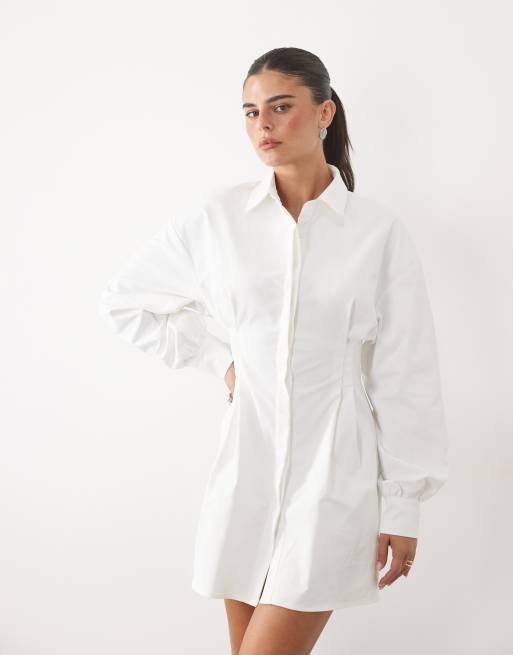 Missyempire robe chemise courte à taille cintrée et manches ballon blanche, 2 de 4