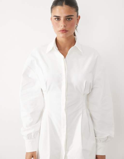 Missyempire robe chemise courte à taille cintrée et manches ballon blanche, 3 de 4