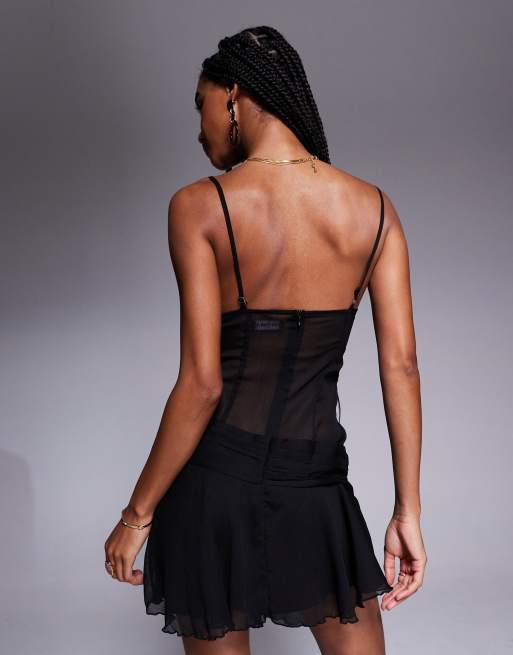 Missyempire - Robe courte asymétrique nouée devant avec empiècement en tulle - Noir, 2 de 4