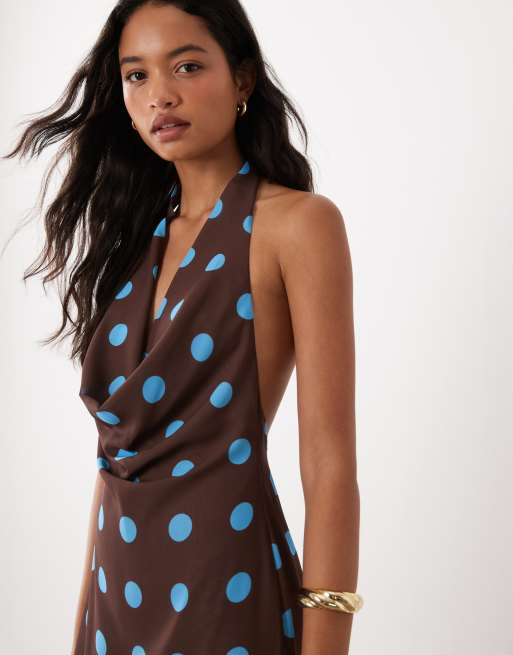 Missyempire robe longue à col halter et taille basse à pois chocolat et bleu, 2 de 4