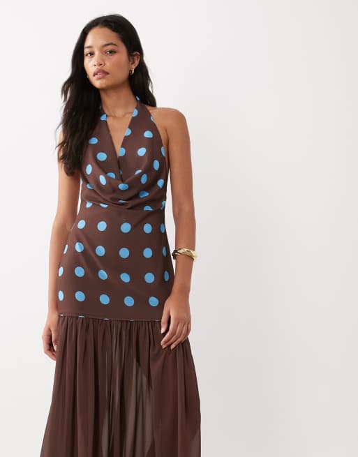 Missyempire robe longue à col halter et taille basse à pois chocolat et bleu, 3 de 4