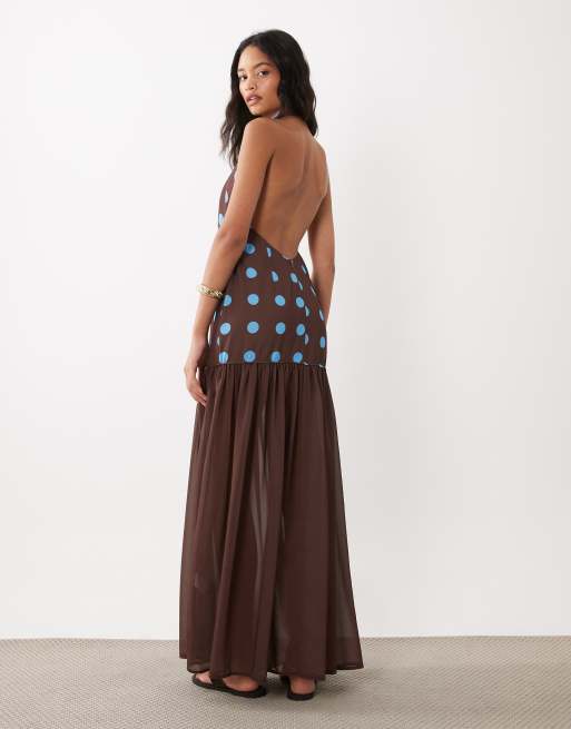 Missyempire robe longue à col halter et taille basse à pois chocolat et bleu, 4 de 4