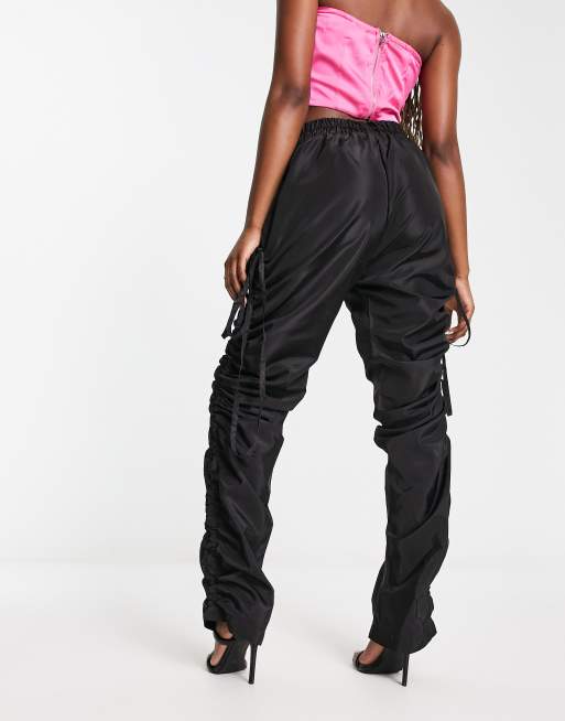 Missyempire ruched satin cargo trousers in black