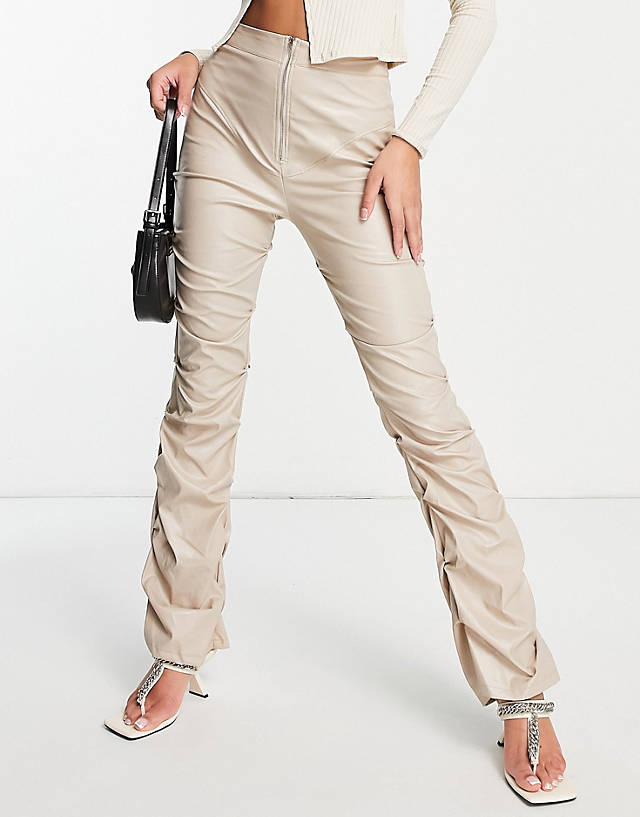 Missyempire - ruched zip front leather look trousers in beige