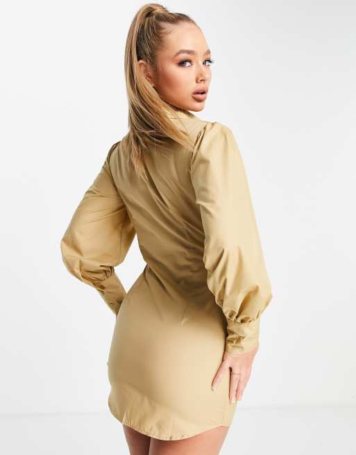 Missyempire ruching long sleeve shirt dress in camel, 3 of 4