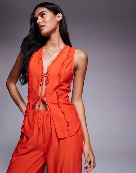 Missyempire ruffle trim tie front top co-ord in orange - view 1