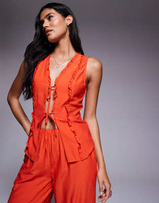 ruffle trim tie front top in orange - part of a set-Red