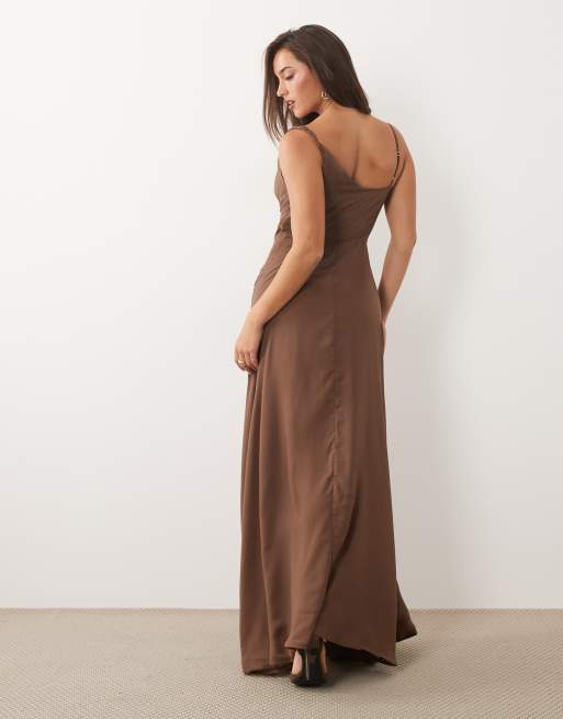Missyempire satin asymmetric shoulder detail drape ruched side maxi dress  in chocolate | ASOS