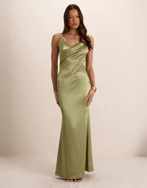 Missyempire Satin asymmetrical cowl seam maxi dress in green - view 1