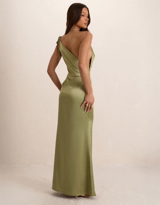 Missyempire Satin asymmetrical cowl seam maxi dress in green, 2 of 4