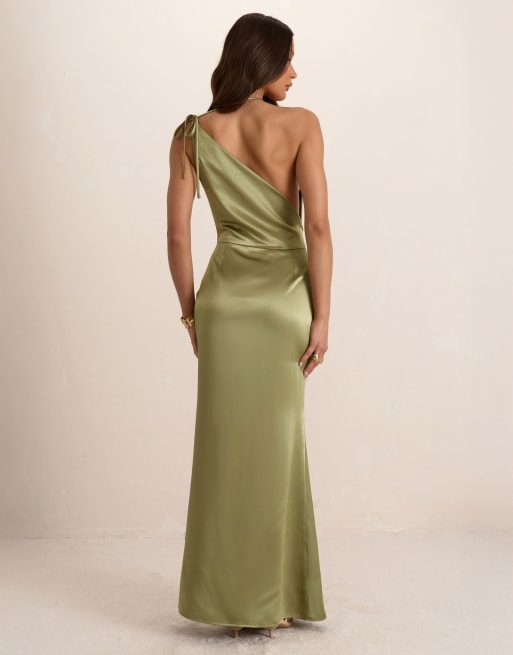 Missyempire Satin asymmetrical cowl seam maxi dress in green, 3 of 4