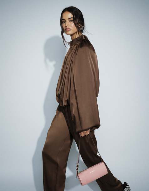 Missyempire satin balloon sleeve bomber jacket co-ord in chocolate - view 1