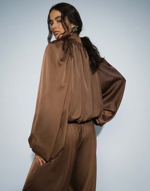 Missyempire satin balloon sleeve bomber jacket co-ord in chocolate, 3 of 4