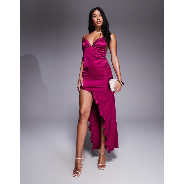missy empire satin dress Missy Empire satin asymmetric shoulder detail drape ruched side maxi dress  in chocolate
