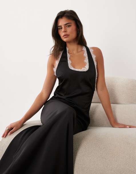 Missyempire satin contrast lace trim back detail maxi dress in black - view 1