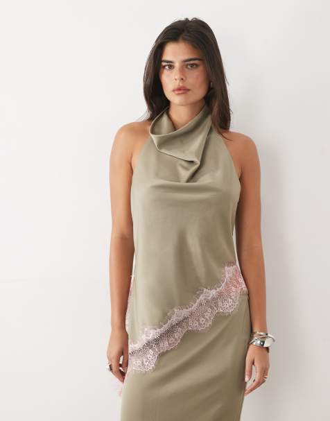 Missyempire satin cowl neck lace trim asymmetric hem top co-ord in khaki - view 1