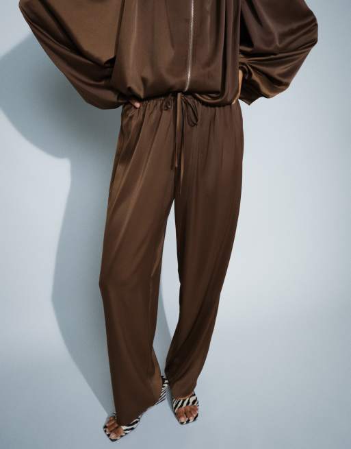 Missyempire satin drawstring relaxed pants in chocolate (part of a set), 5 of 5