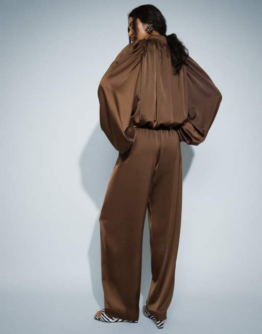 Missyempire satin drawstring relaxed trouser co-ord in chocolate, 3 of 5
