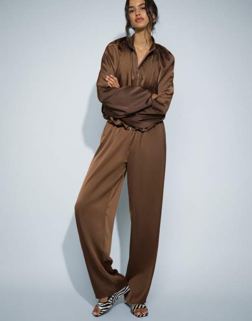 Missyempire satin drawstring relaxed trouser co-ord in chocolate, 4 of 5
