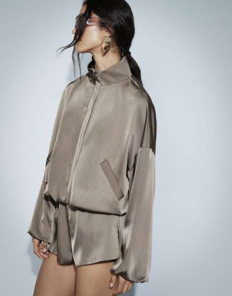 Missyempire satin funnel neck bubble hem and sleeve playsuit in chocolate - view 1