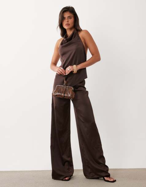 Missyempire satin halterneck overlay detail wide leg jumpsuit in chocolate - view 1
