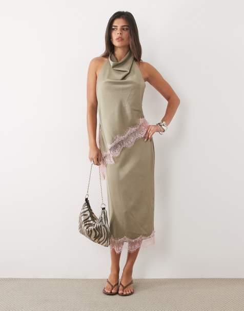 Missyempire satin lace trim midi skirt co-ord in khaki - view 1