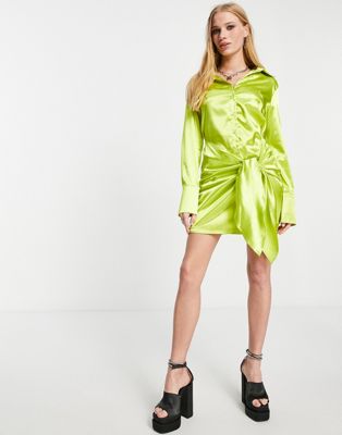 Missyempire satin shirt dress with drape detail in chartreuse