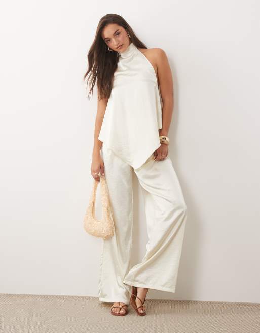 Missyempire satin high neck drape high low open back top and trousers co-ord in cream, 2 of 3