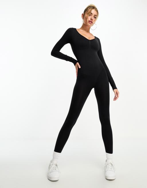 Black long sleeve plunge hot sale jumpsuit