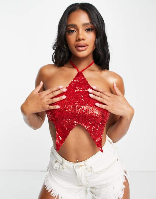 Red sequin halter store top