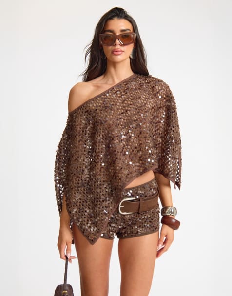 Missyempire Sequin floaty cape top in chocolate - view 1