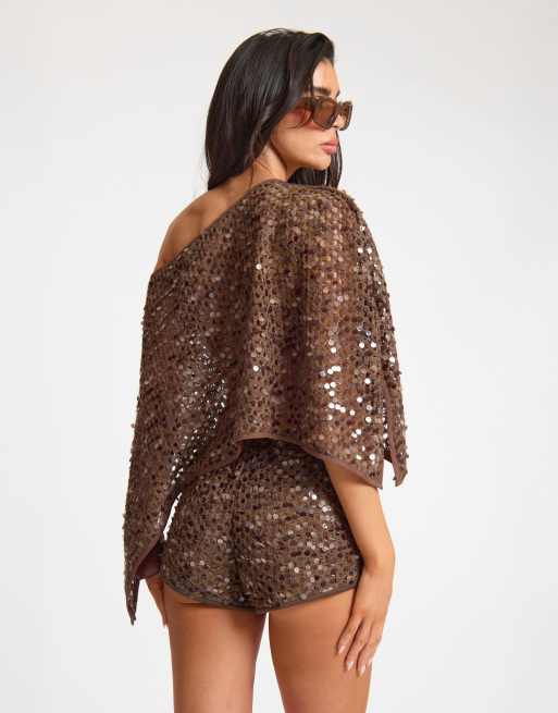 Missyempire Sequin floaty cape top in chocolate, 4 of 4