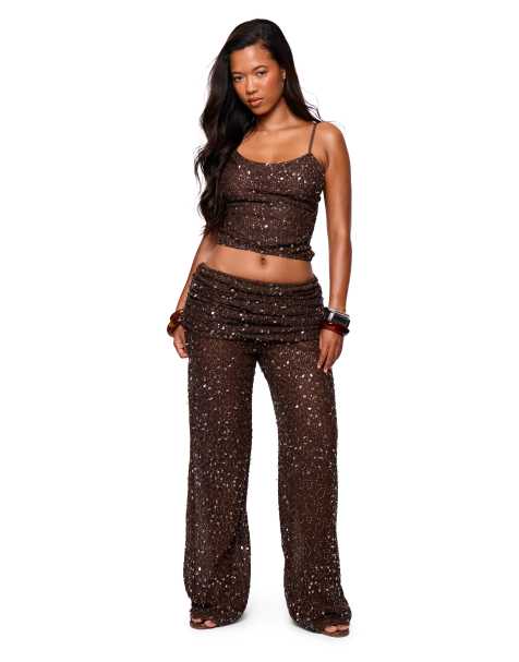 Missyempire Sequin fold over trousers in chocolate - view 1