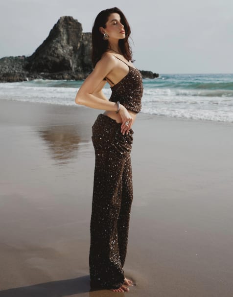 Missyempire Sequin fold over trousers in chocolate