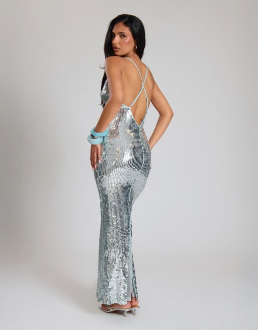 Missyempire Sequin plunge low back maxi dress in blue, 2 of 4