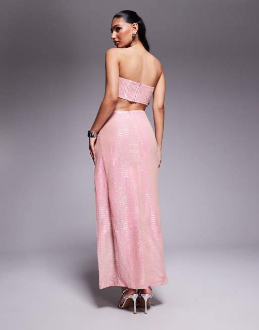 Missyempire sequin twist front high slit maxi skirt co-ord in pink, 4 of 5