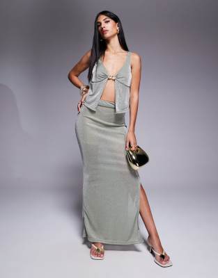 Missyempire Missyempire shimmer slinky side split maxi skirt co-ord in khaki-Green