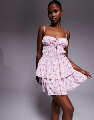 Missyempire shirred waist tie front tiered cami mini dress in pink floral - view 1
