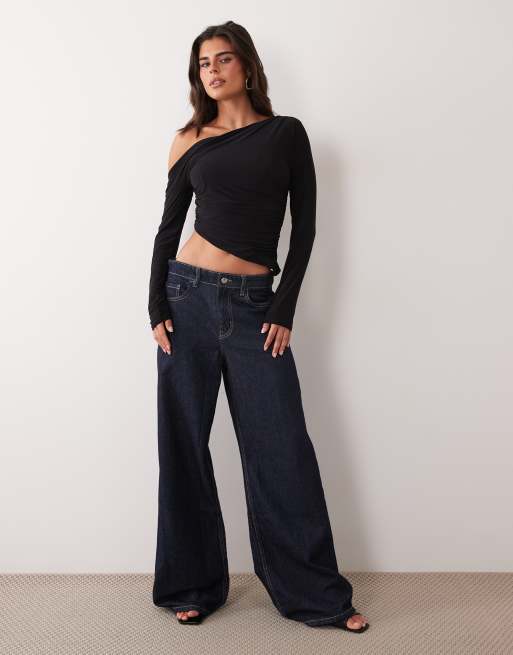 Missyempire slinky asymmetric ruched long sleeve top in black, 3 of 4