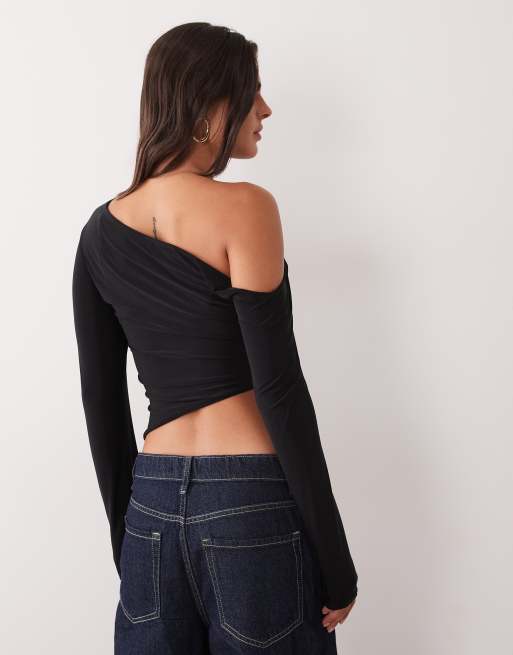 Missyempire slinky asymmetric ruched long sleeve top in black, 4 of 4
